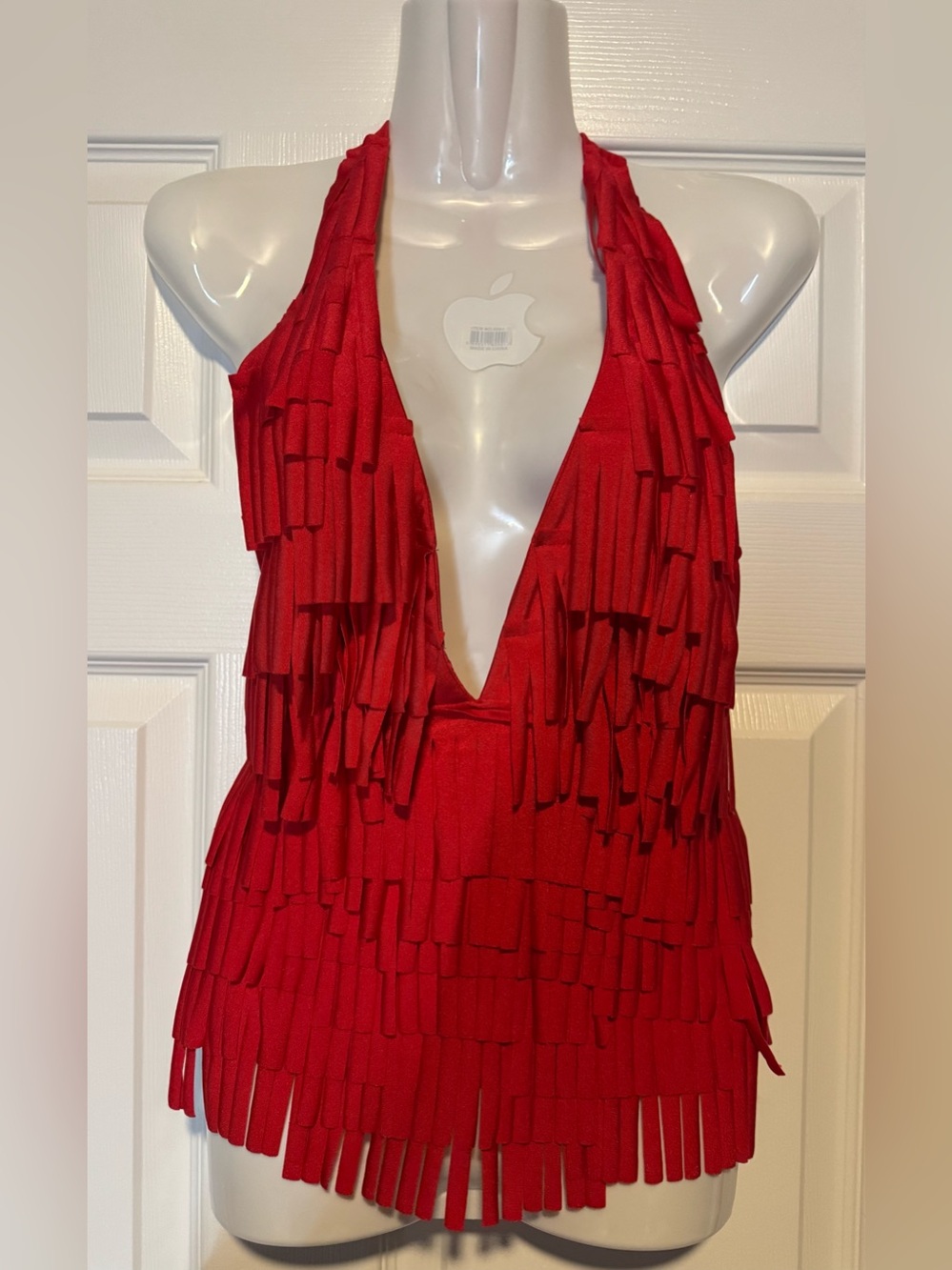 AKIRA Red Fringe Deep V Halter Camisole